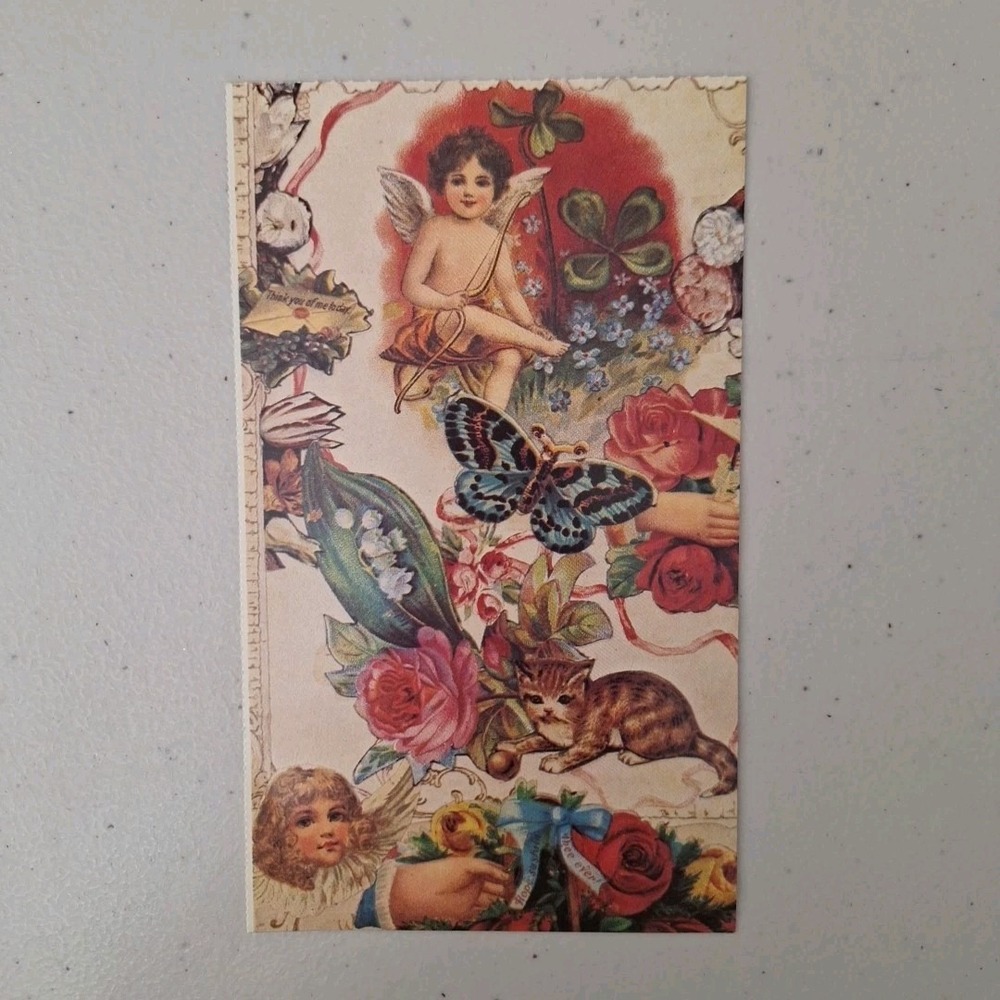 Vintage 1984 Valentine Postcard Artist Carol Ward Cherubs Cat Butterfly Rose NEW